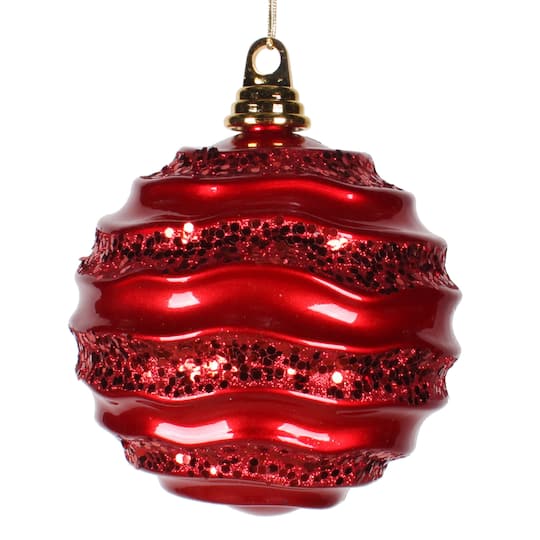 Vickerman 8" Stripe Candy Finish Wave Ball Christmas Ornament with Glitter Accents